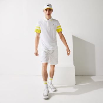 Lacoste SPORT Striped-Sleeve Breathable Piqué Tennis Polo Shirt - Polo Pánské Bílé / Žluté | CZ-hTxp